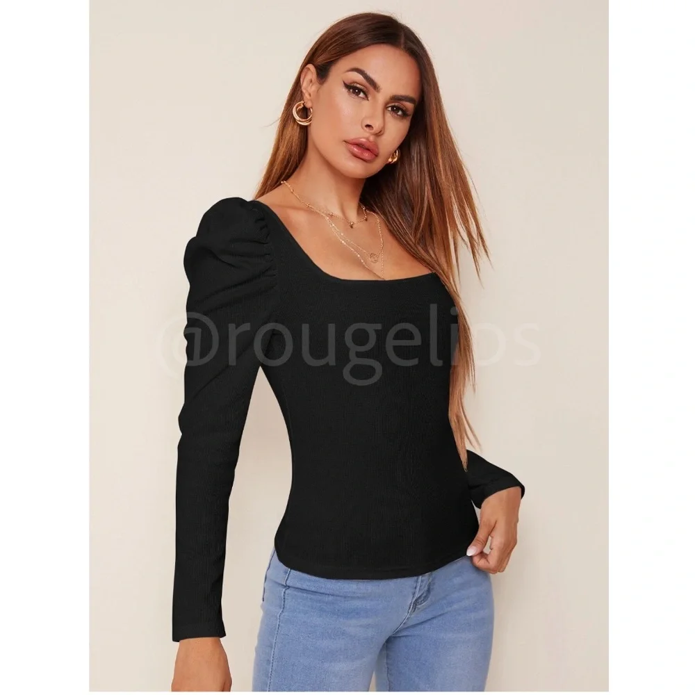 Black Rib Knit Square Neck Puff Long Sleeve Slim Fit Shirt Top - Picture 2 of 6